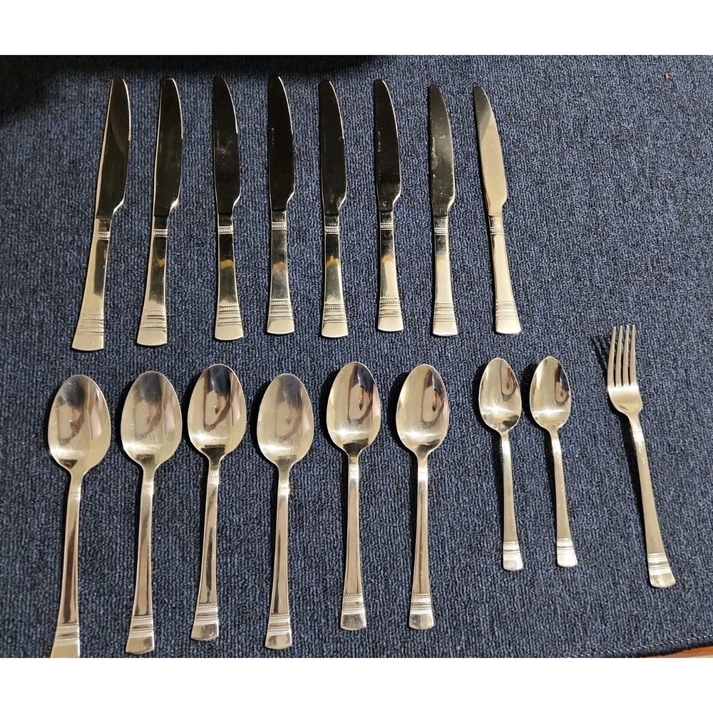 International Stainless Kensington Lot of 17 Pcs Spoons, Knives Fork, Mixed